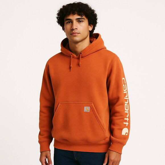 Carhartt Loose Fit Logo Sleeve Hoodie Men’s Large Red-Orange Workwear - Picture 2 of 14